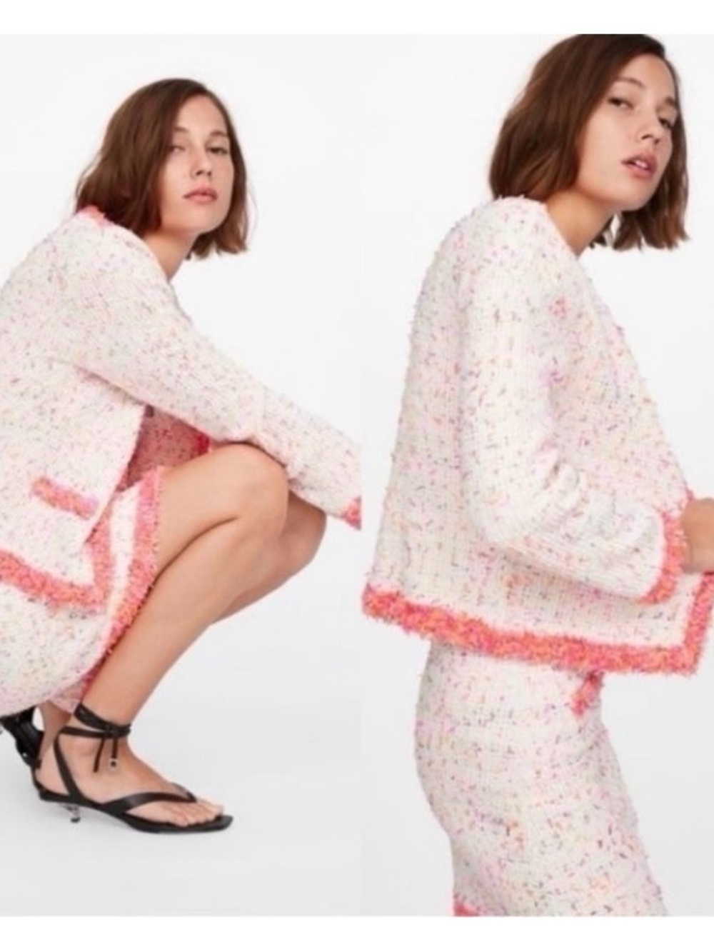 ZARA Multicolor Tweed Cardigan with Neon Fringe M